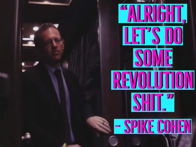 Spike Cohen on a tour bus, captioned: &ldquo;Alright, let&rsquo;s do some revolution shit.&rdquo;