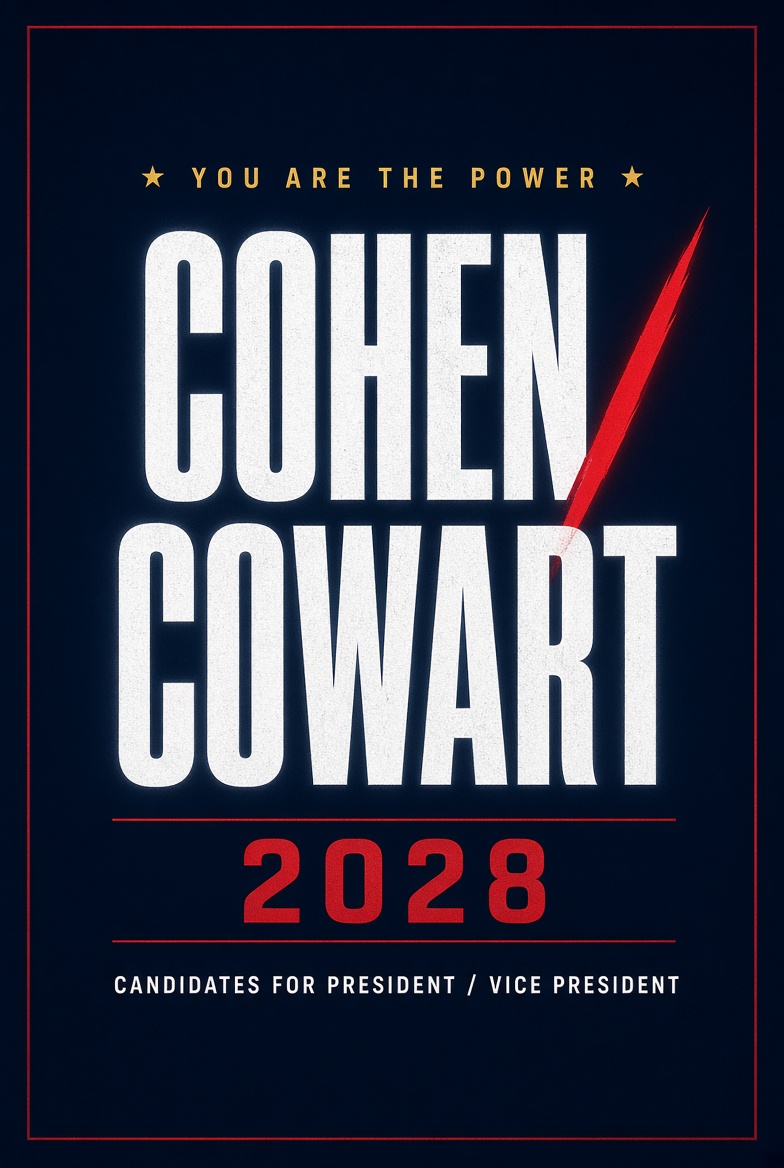 Cohen / Cowart 2028 wordmark poster: stacked white condensed names with a crimson slash, on navy.